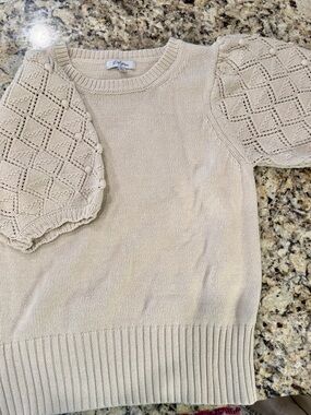 Polagram Cream Knit Puff-Sleeve Crewneck Sweater